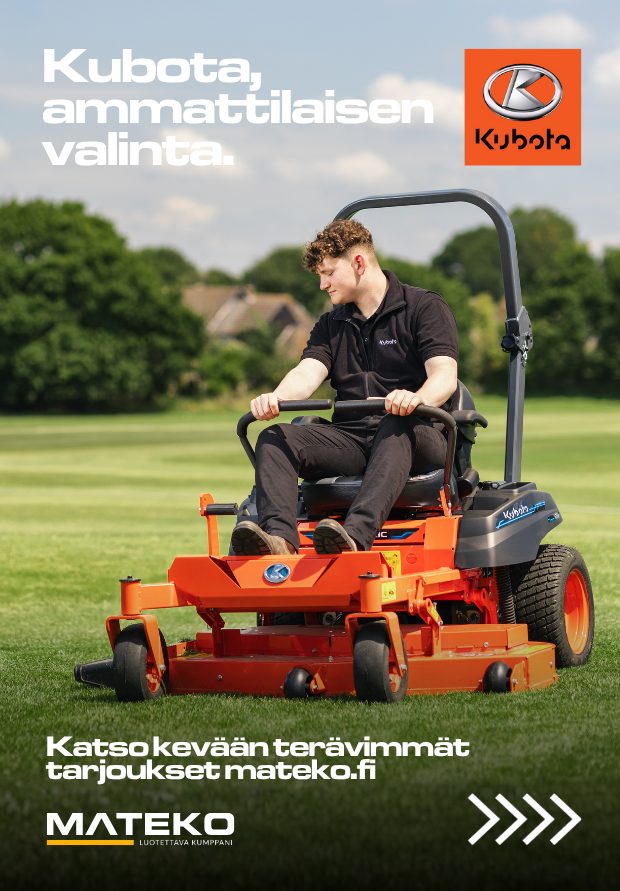 Kubota kevätkampanjan banneri, jossa mies leikkaa nurmea.